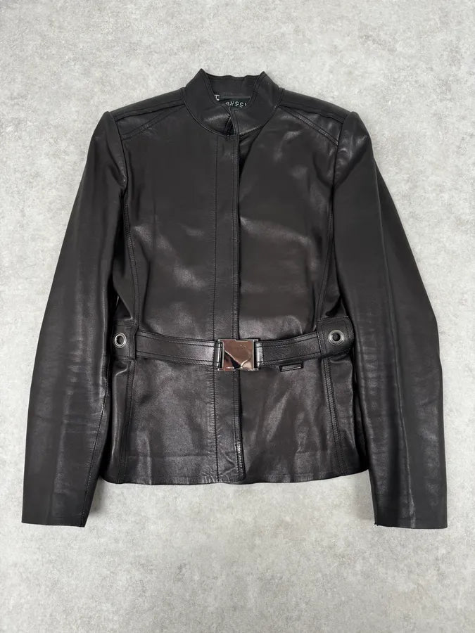 AW1999 Gucci Black Silver Belted Premium Leather Jacket by Tom Ford EydALjM 0