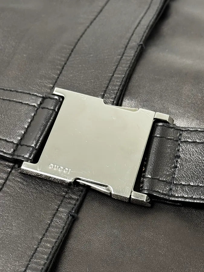 AW1999 Gucci Black Silver Belted Premium Leather Jacket by Tom Ford EydALjM 8