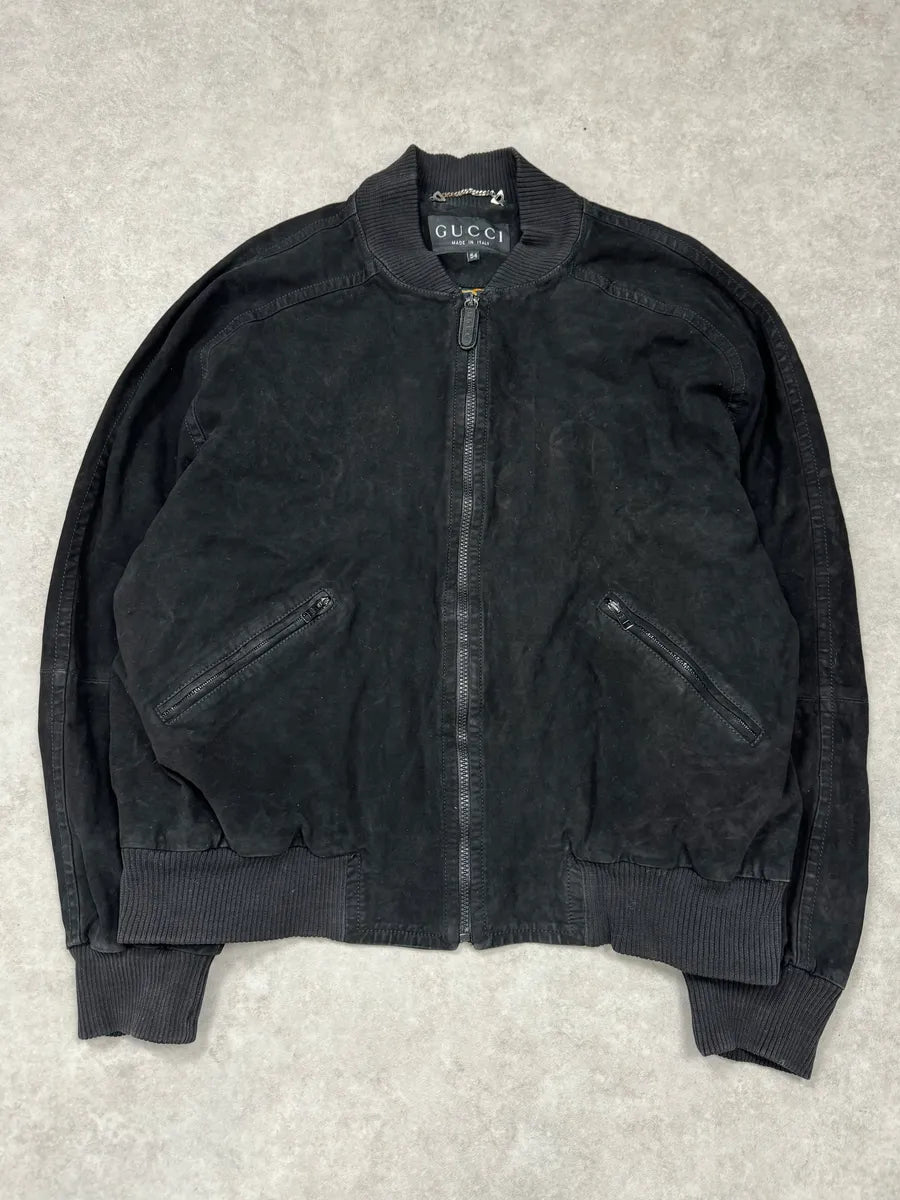2000s Gucci Black Suede Bomber Jacket QzolWYz 0