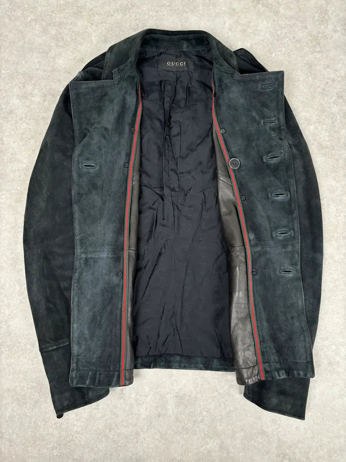 2000s Gucci Black Suede Leather Double-Breasted Premium Jacket by Tom Ford wdaQboQ 6