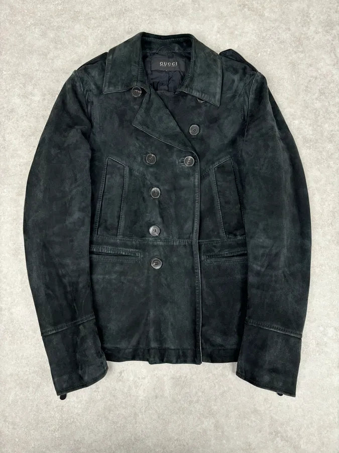 2000s Gucci Black Suede Leather Double-Breasted Premium Jacket by Tom Ford wdaQboQ 7