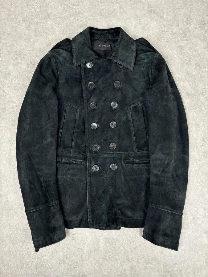 2000s Gucci Black Suede Leather Double-Breasted Premium Jacket by Tom Ford wdaQboQ 0