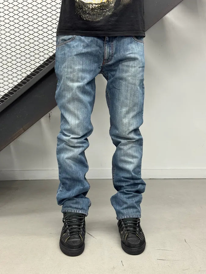 2000s Gucci Blue Denim Embroidered Horsebit Straight Leg Jeans ERiyGmw 0