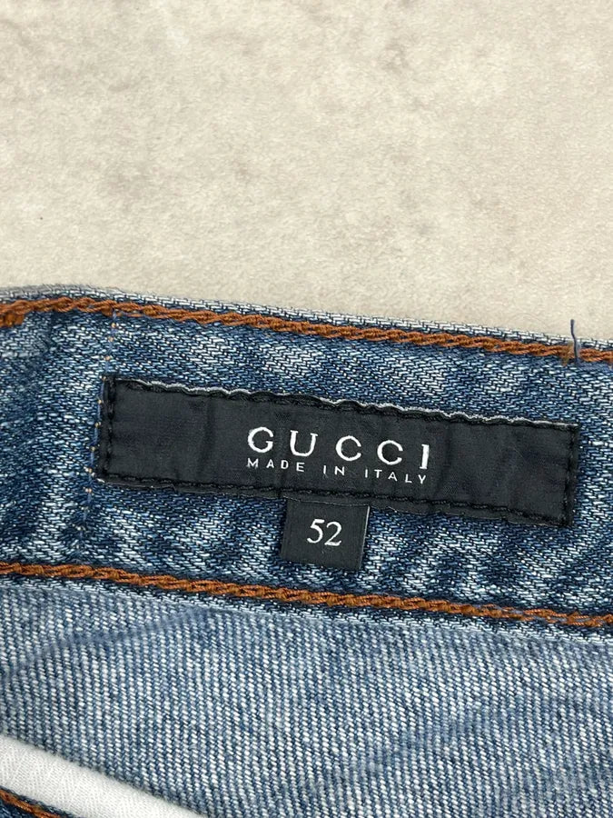 2000s Gucci Blue Denim Embroidered Horsebit Straight Leg Jeans ERiyGmw 11