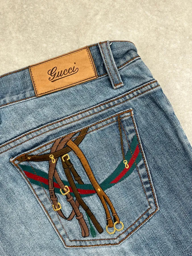2000s Gucci Blue Denim Embroidered Horsebit Straight Leg Jeans ERiyGmw 8