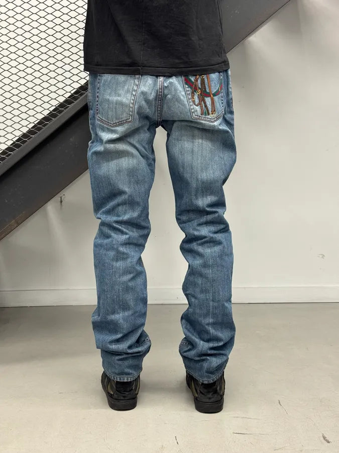 2000s Gucci Blue Denim Embroidered Horsebit Straight Leg Jeans ERiyGmw 2