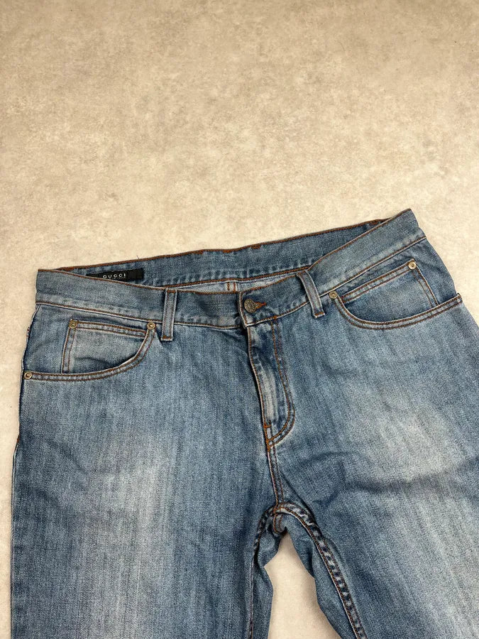 2000s Gucci Blue Denim Embroidered Horsebit Straight Leg Jeans ERiyGmw 5