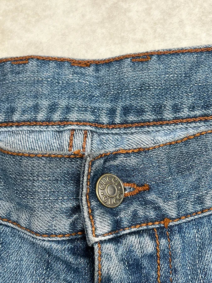 2000s Gucci Blue Denim Embroidered Horsebit Straight Leg Jeans ERiyGmw 10
