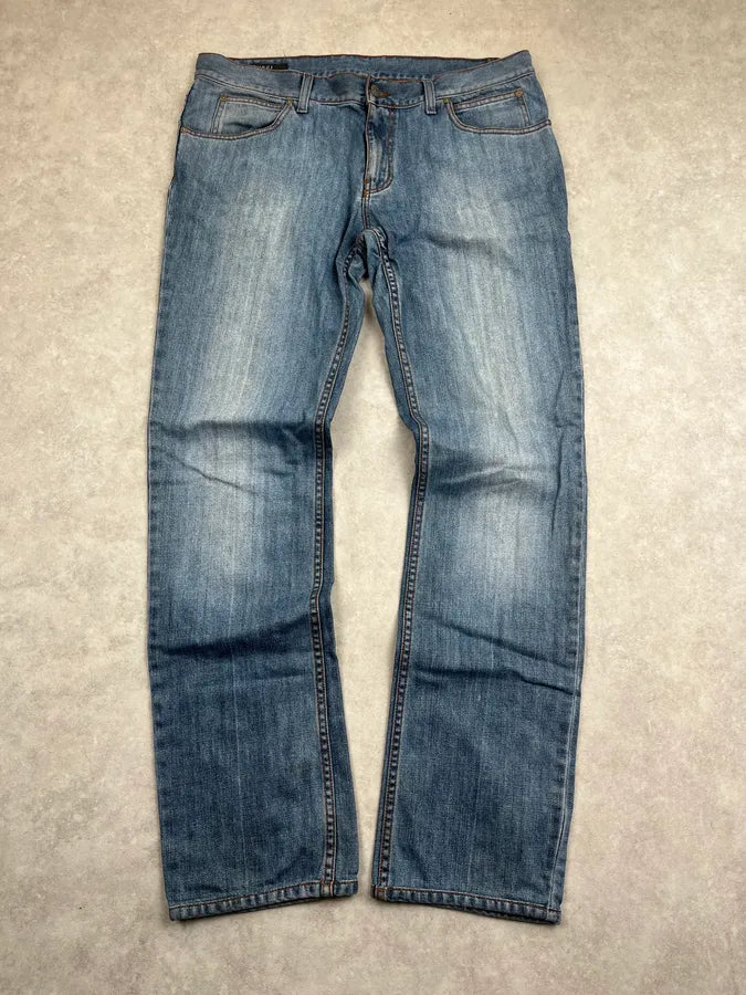 2000s Gucci Blue Denim Embroidered Horsebit Straight Leg Jeans ERiyGmw 3
