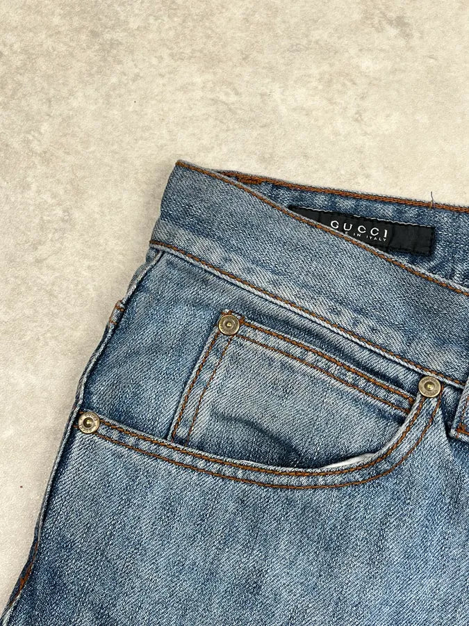 2000s Gucci Blue Denim Embroidered Horsebit Straight Leg Jeans ERiyGmw 9