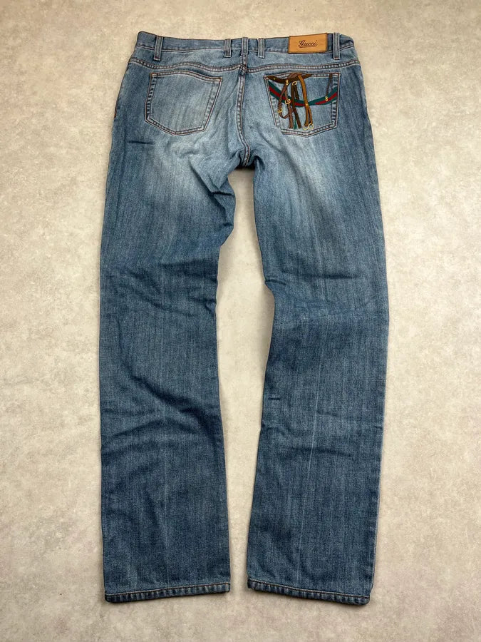 2000s Gucci Blue Denim Embroidered Horsebit Straight Leg Jeans ERiyGmw 6