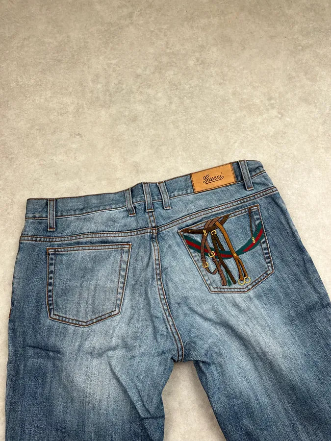 2000s Gucci Blue Denim Embroidered Horsebit Straight Leg Jeans ERiyGmw 7