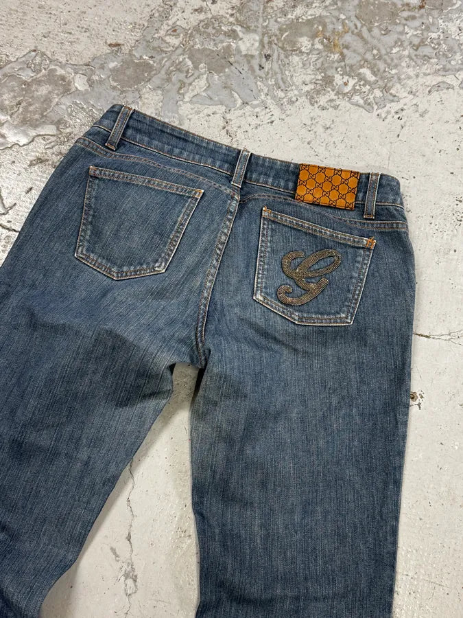 AW2008 Gucci Blue Embroidered Logo Slim Jeans by Frida Giannini KFHCTLh 6