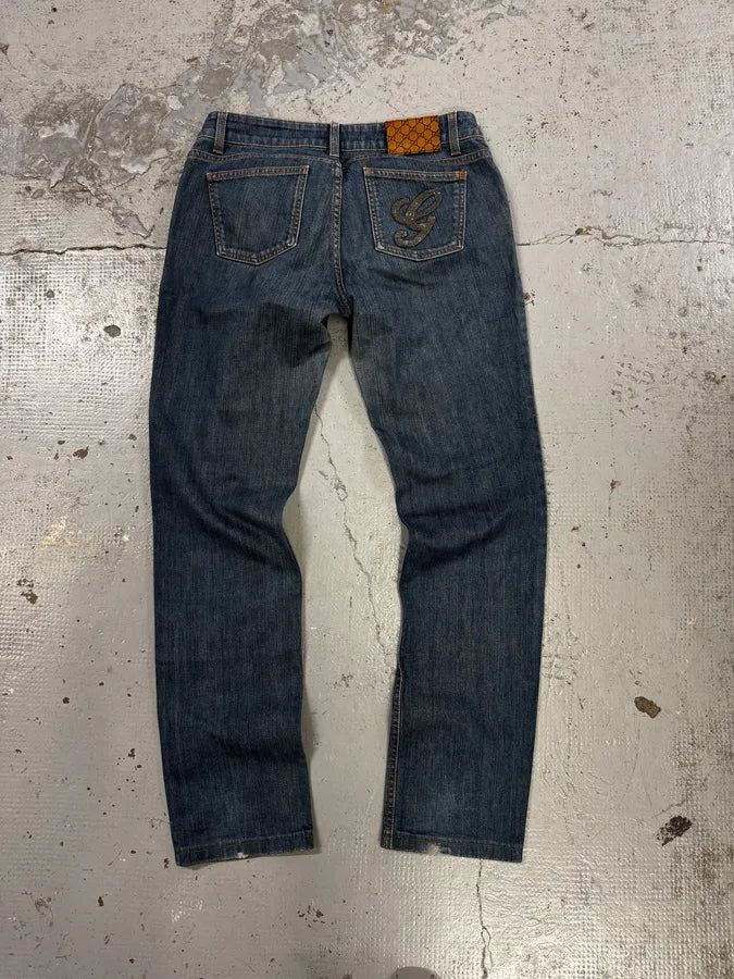 AW2008 Gucci Blue Embroidered Logo Slim Jeans by Frida Giannini KFHCTLh 4