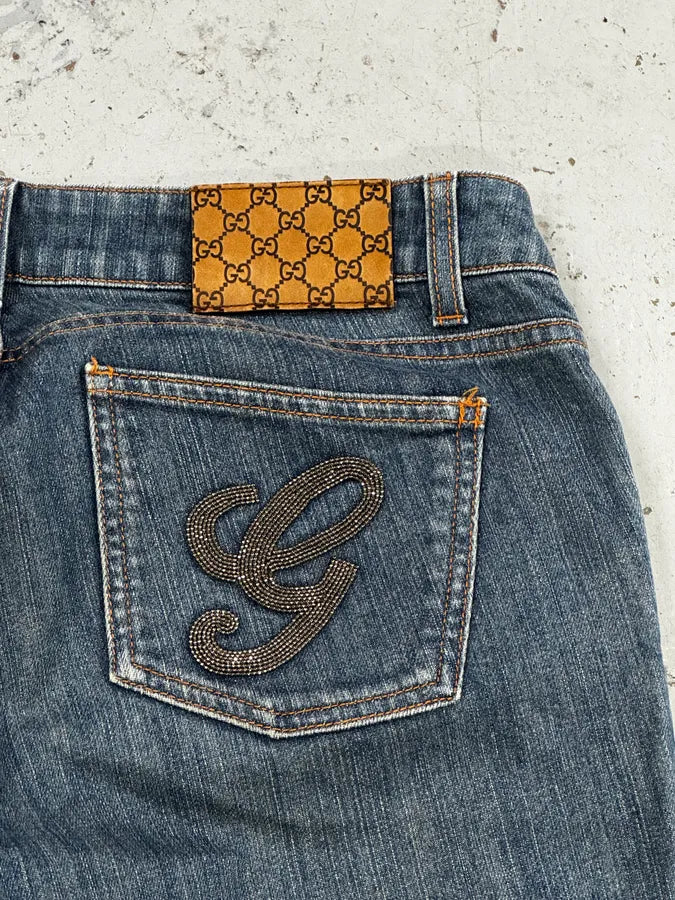AW2008 Gucci Blue Embroidered Logo Slim Jeans by Frida Giannini KFHCTLh 7