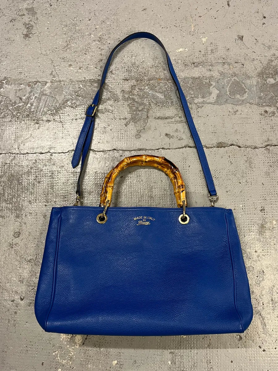2000s Gucci Blue Leather Bamboo Handle Tote Bag FozADGQ 0