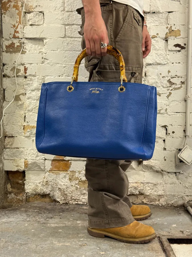 2000s Gucci Blue Leather Bamboo Handle Tote Bag FozADGQ 1