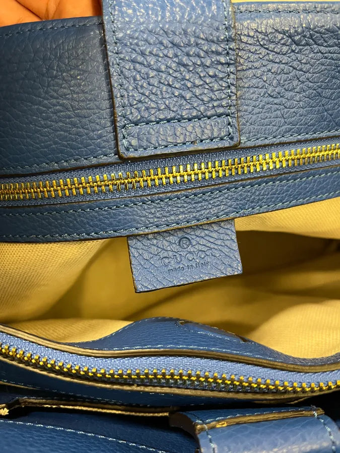 2000s Gucci Blue Leather Bamboo Handle Tote Bag FozADGQ 12