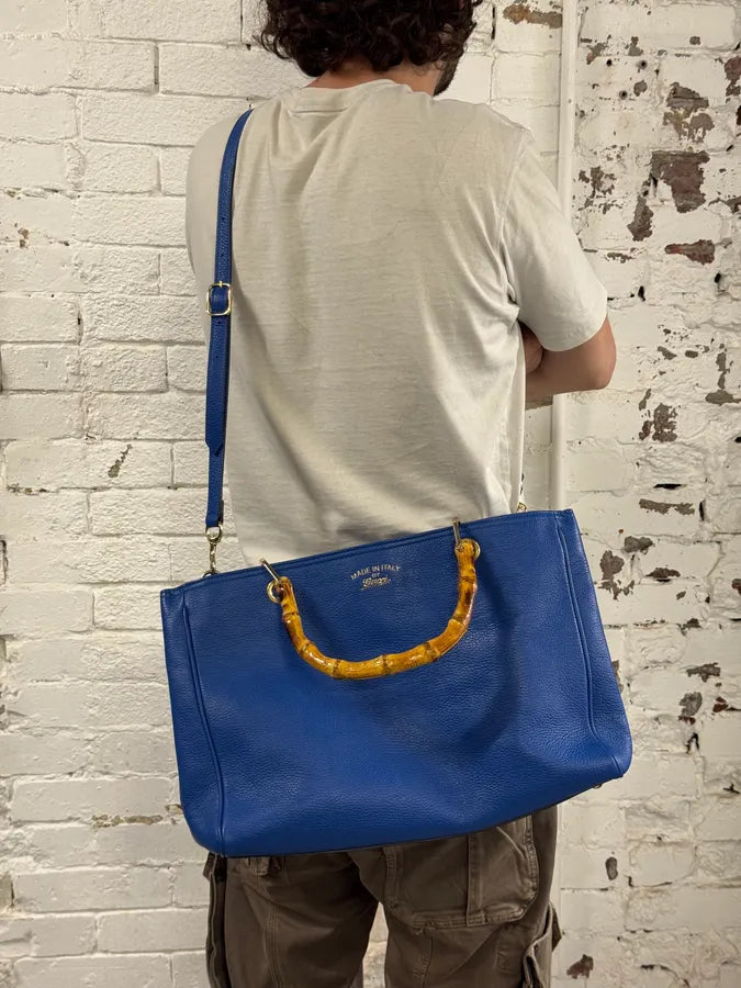 2000s Gucci Blue Leather Bamboo Handle Tote Bag FozADGQ 2