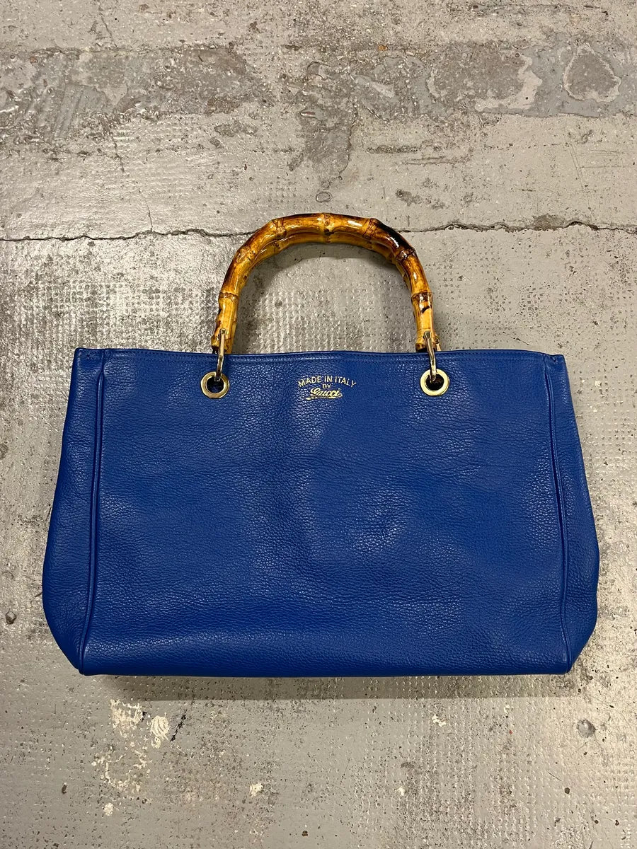 2000s Gucci Blue Leather Bamboo Handle Tote Bag FozADGQ 3