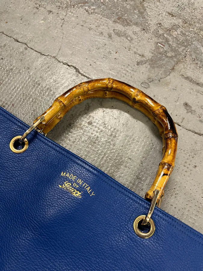 2000s Gucci Blue Leather Bamboo Handle Tote Bag FozADGQ 4