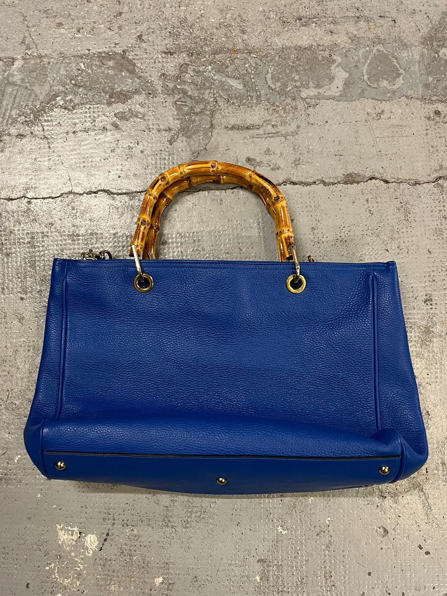 2000s Gucci Blue Leather Bamboo Handle Tote Bag FozADGQ 7