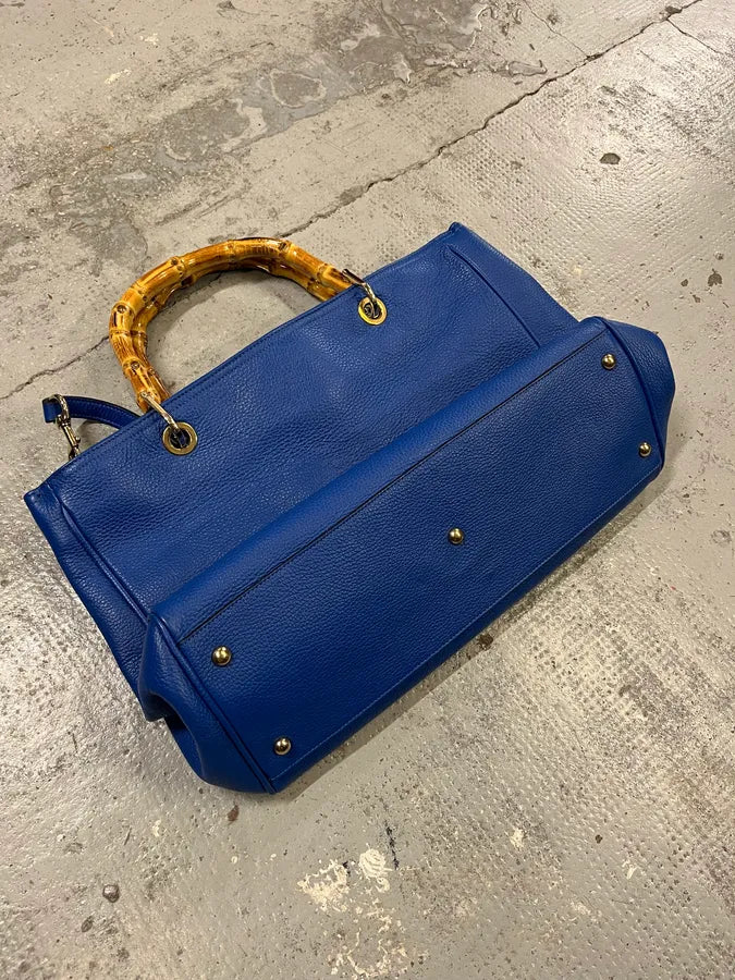 2000s Gucci Blue Leather Bamboo Handle Tote Bag FozADGQ 8