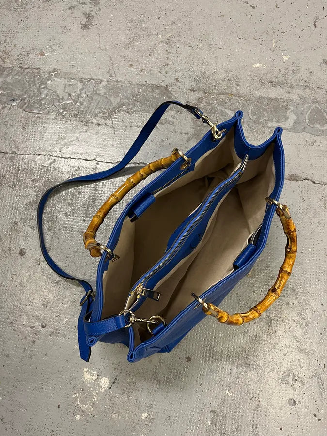 2000s Gucci Blue Leather Bamboo Handle Tote Bag FozADGQ 9