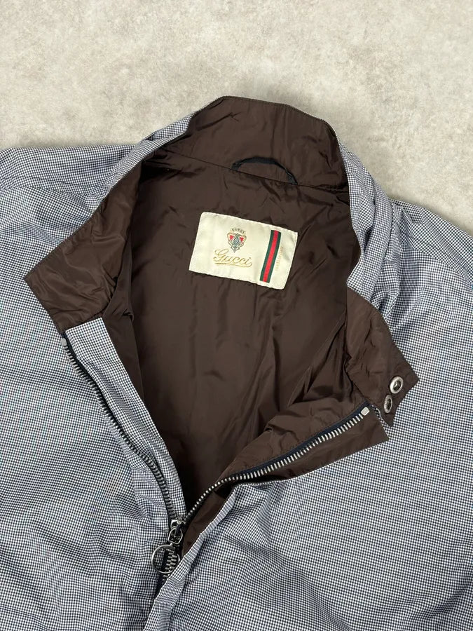 AW2009 Gucci Blue Nylon Checkered Striped Ribbing Bomber Jacket  VoMbQHK 7
