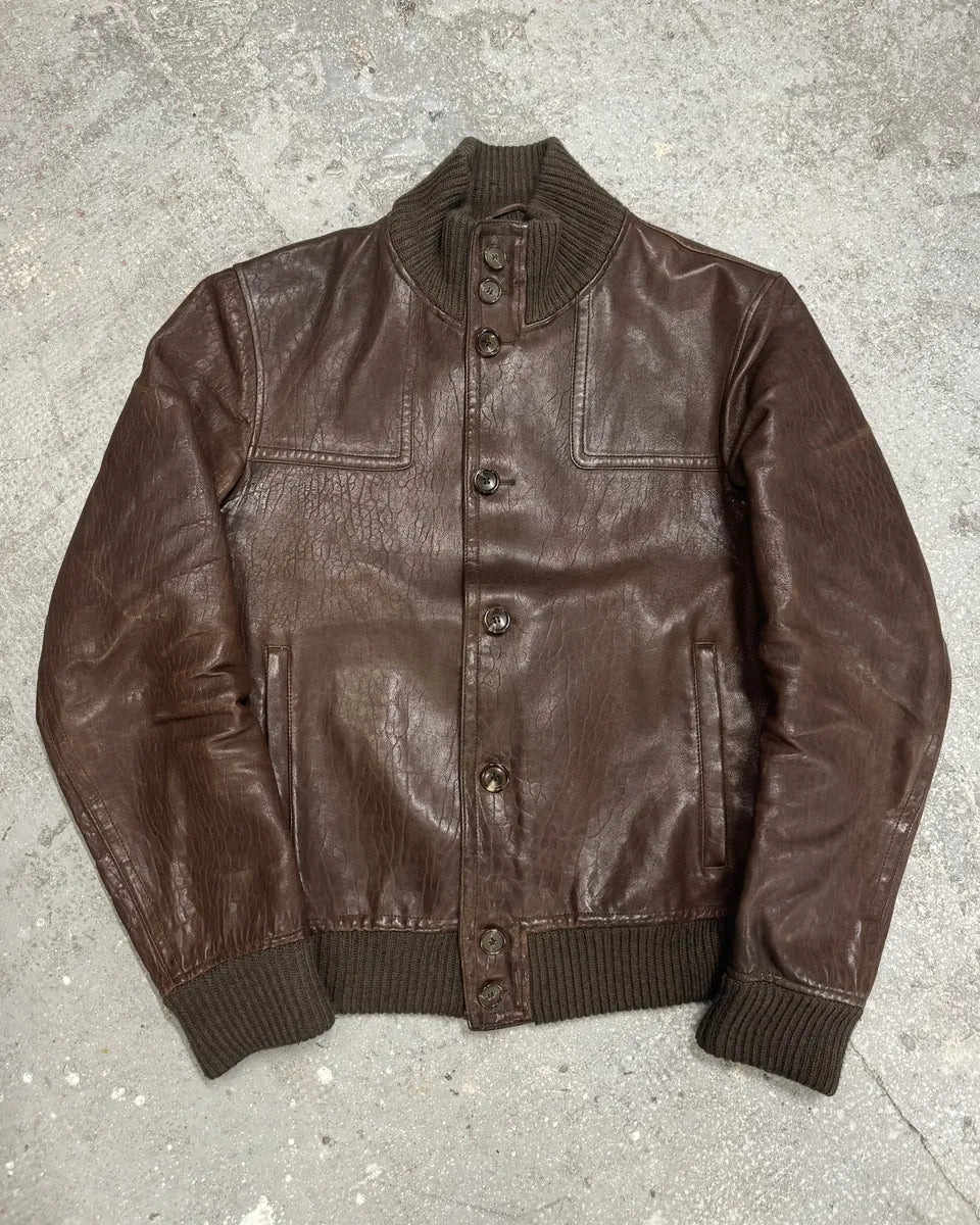 2000s Gucci Brown Buttoned Minimalistic Leather Jacket (M) 0