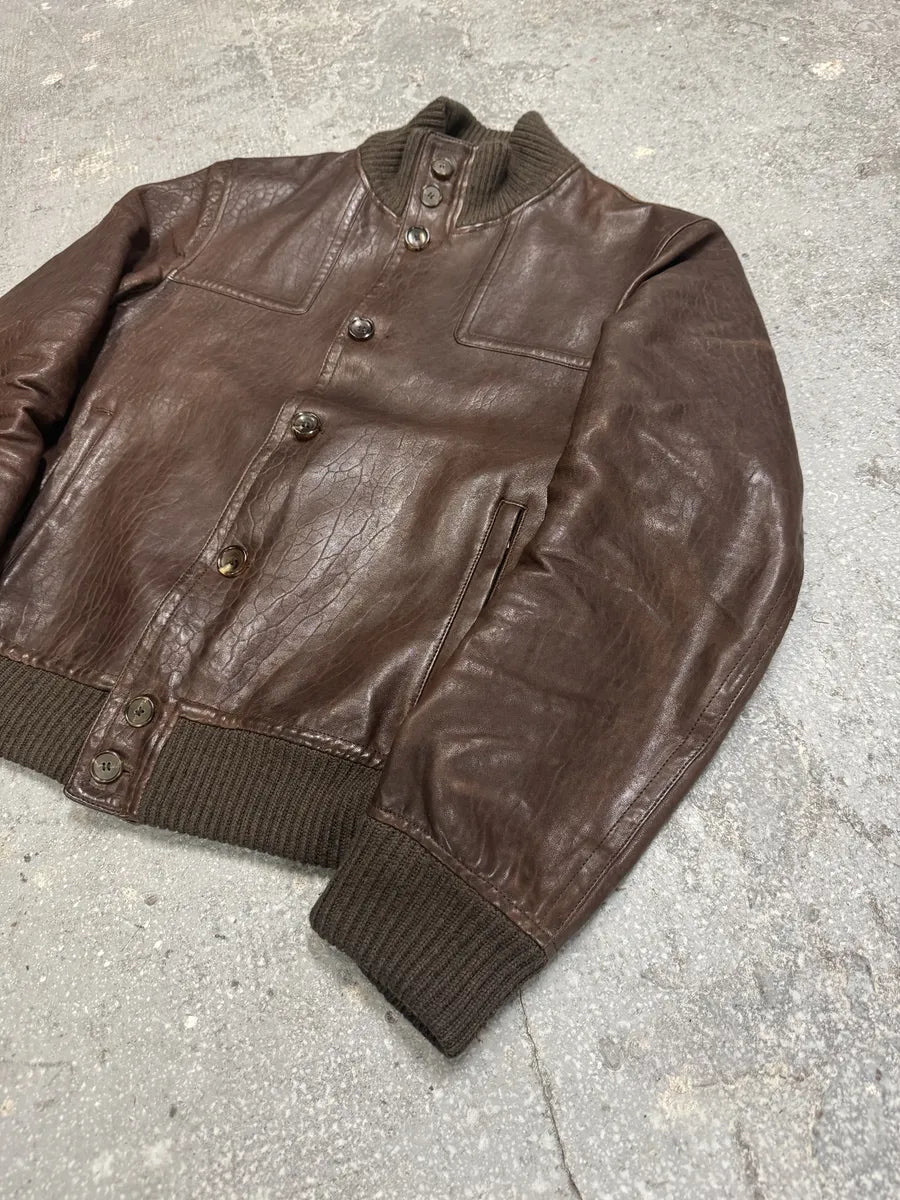 2000s Gucci Brown Buttoned Minimalistic Leather Jacket (M) 11