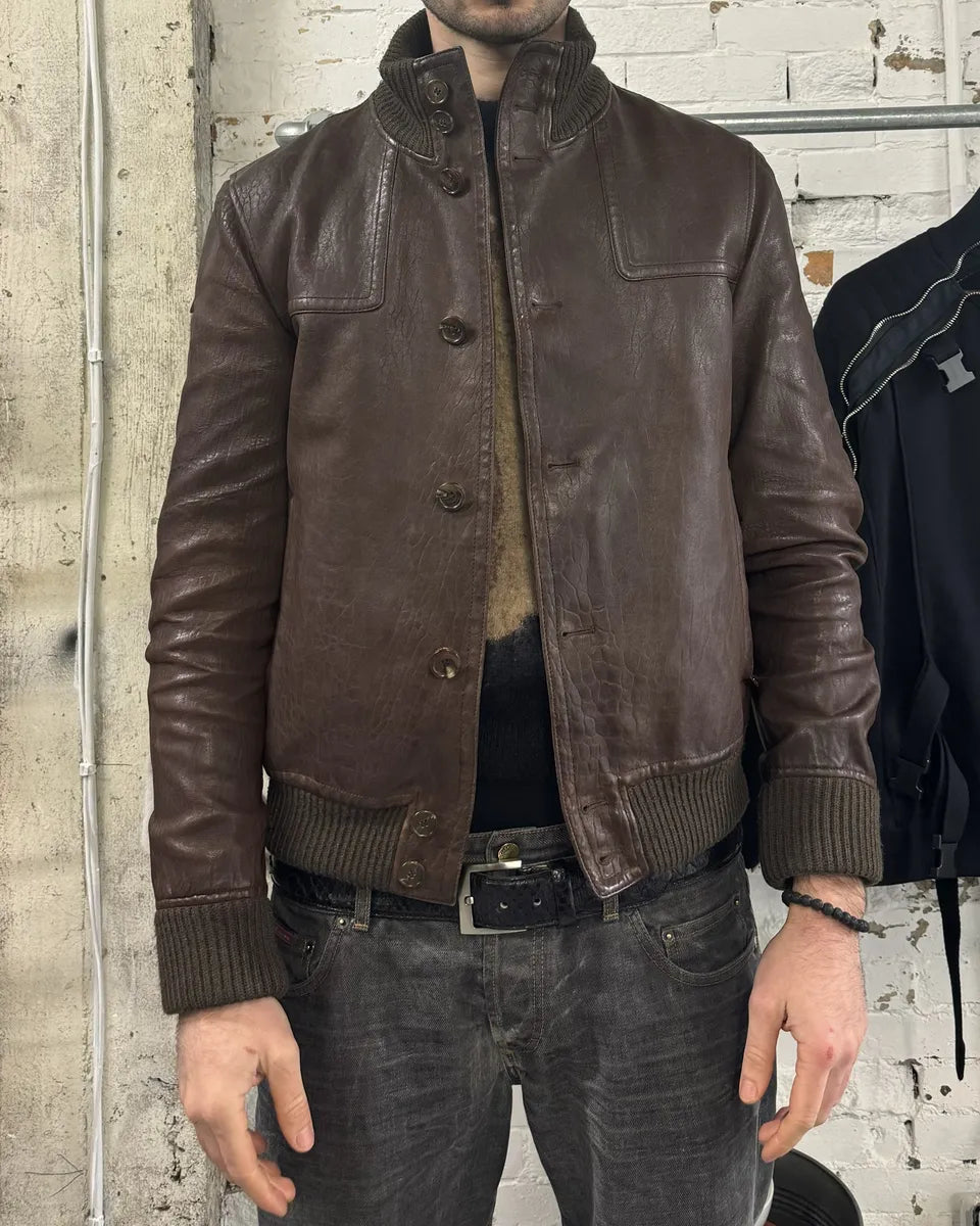 2000s Gucci Brown Buttoned Minimalistic Leather Jacket (M) 2