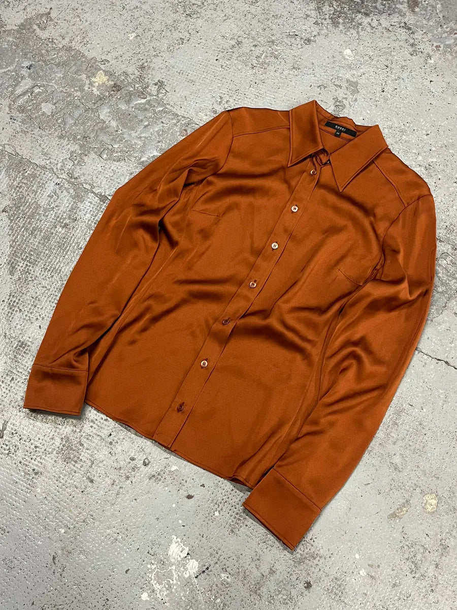 2000s Gucci Brown Camel Silk Shirt fTZzBzy 3