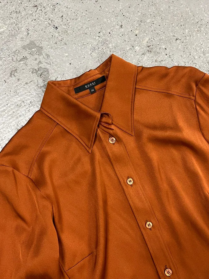 2000s Gucci Brown Camel Silk Shirt fTZzBzy 4