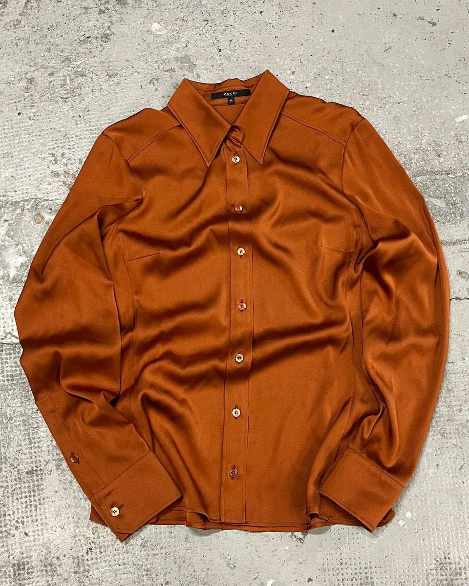 2000s Gucci Brown Camel Silk Shirt fTZzBzy 2