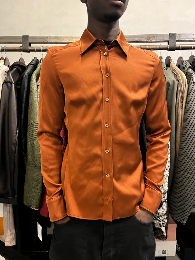 2000s Gucci Brown Camel Silk Shirt fTZzBzy 0