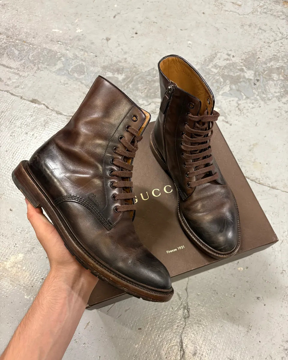 2000s Gucci Brown Eroded Leather Boots JcEZbMm 0