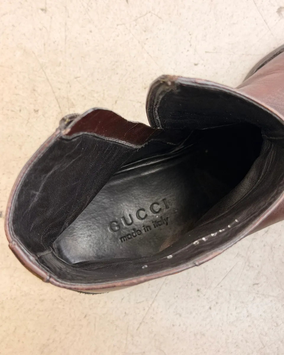 2000s Gucci Brown Eroded Leather GG Logo Boots MnmbEKq 10