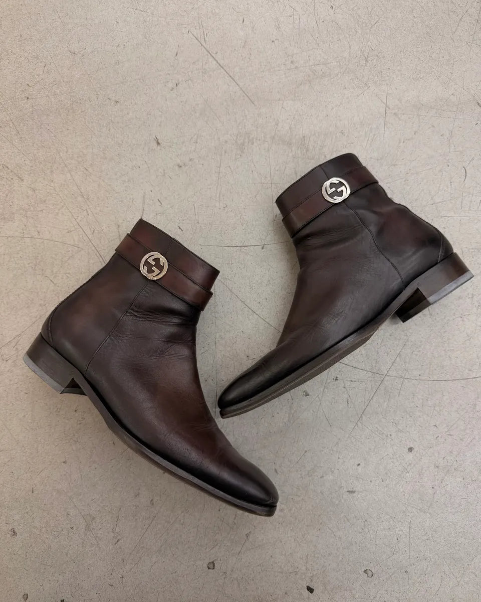 2000s Gucci Brown Eroded Leather GG Logo Boots MnmbEKq 2