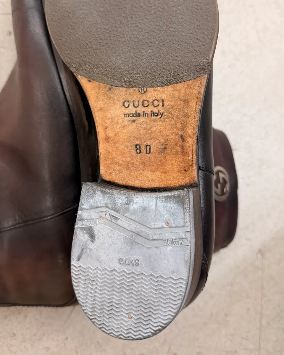 2000s Gucci Brown Eroded Leather GG Logo Boots MnmbEKq 7