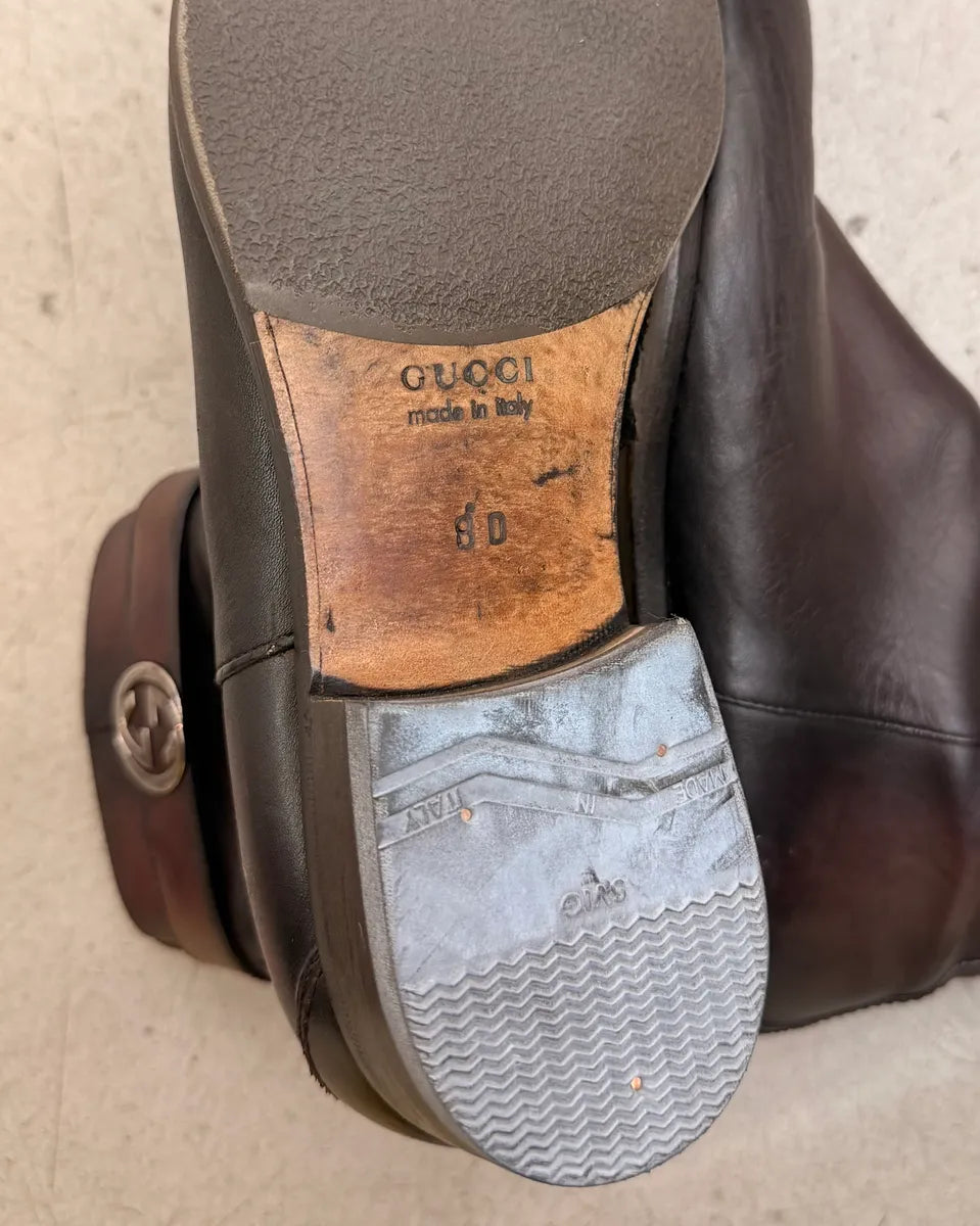 2000s Gucci Brown Eroded Leather GG Logo Boots MnmbEKq 8