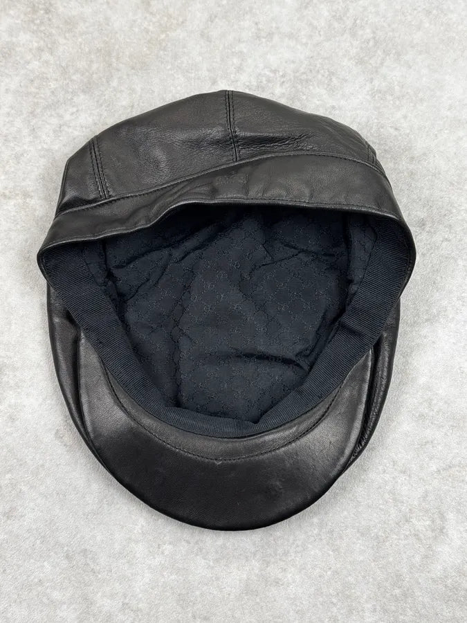 AW2001 Gucci Black Leather Back Logo Beret Cap by Tom Ford ICsHYes 2