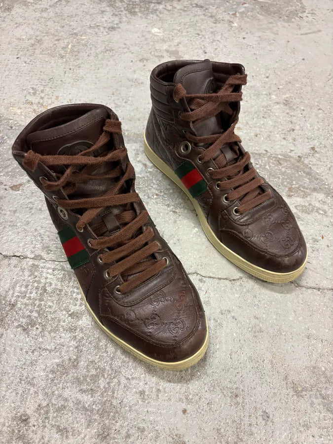 2000s Gucci Brown Monogram Italian Leather High Sneakers ytdzVBo 3