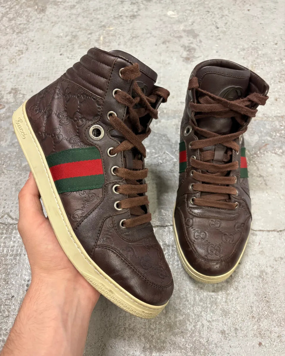 2000s Gucci Brown Monogram Italian Leather High Sneakers ytdzVBo 0