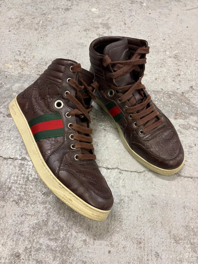 2000s Gucci Brown Monogram Italian Leather High Sneakers ytdzVBo 4