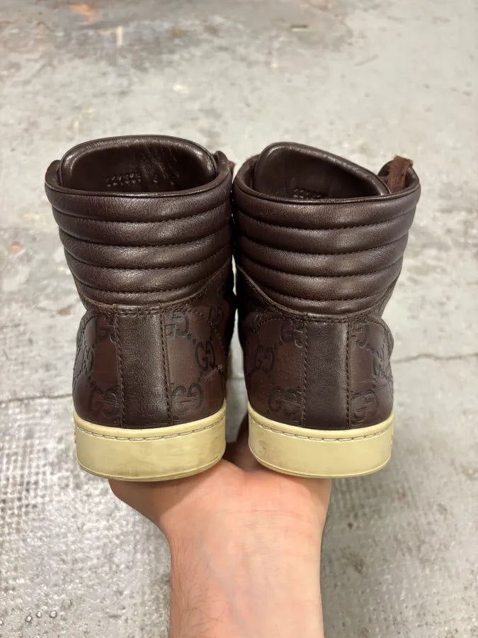 2000s Gucci Brown Monogram Italian Leather High Sneakers ytdzVBo 6