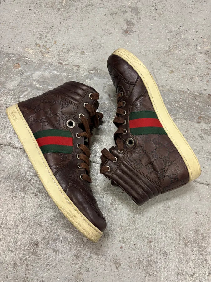 2000s Gucci Brown Monogram Italian Leather High Sneakers ytdzVBo 5