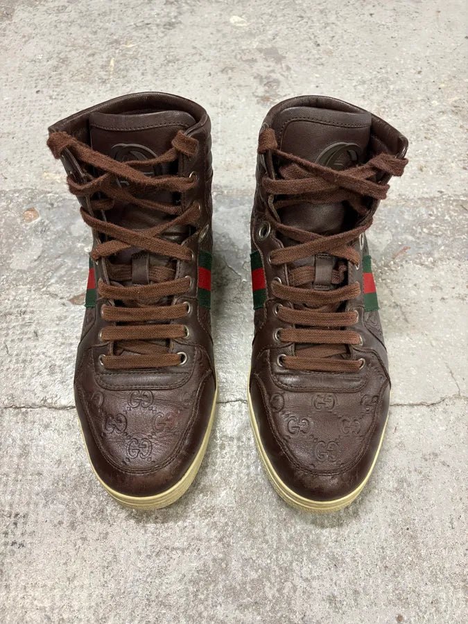 2000s Gucci Brown Monogram Italian Leather High Sneakers ytdzVBo 1