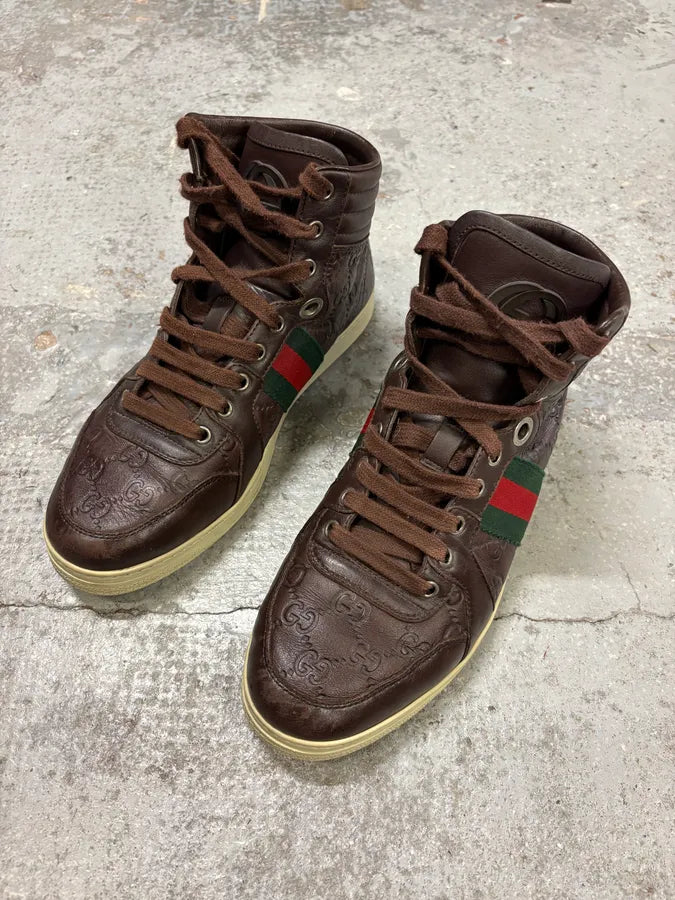 2000s Gucci Brown Monogram Italian Leather High Sneakers ytdzVBo 2
