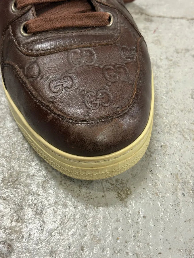 2000s Gucci Brown Monogram Italian Leather High Sneakers ytdzVBo 8